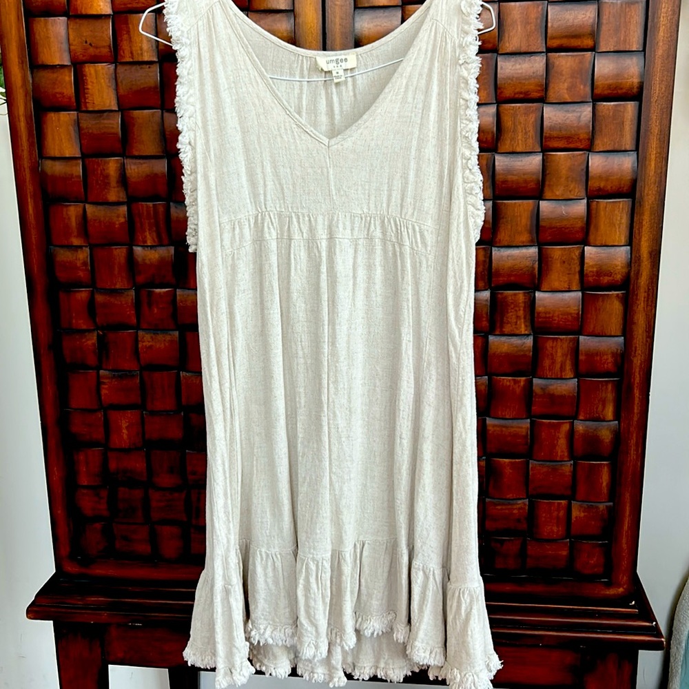 Beige linen sleeveless Midi Dress with fun fringe